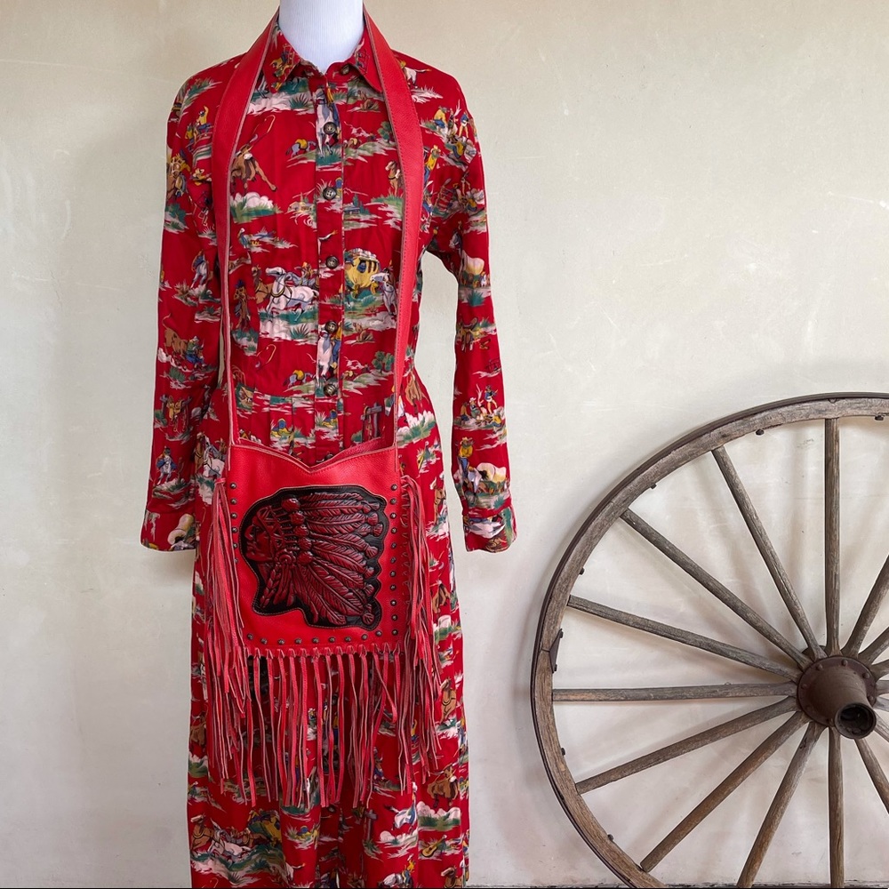 RAVIANI USA Western Red Tooled Leather American Indian Fringed Studded Bag NEW!! - Picture 7 of 14